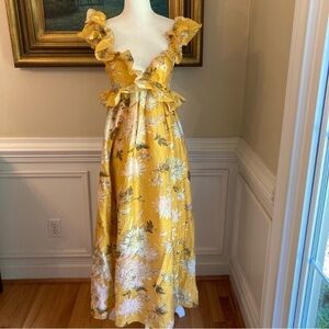H&M Yellow Floral Ruffle Plunge Open Back Lyocell Midi Dress